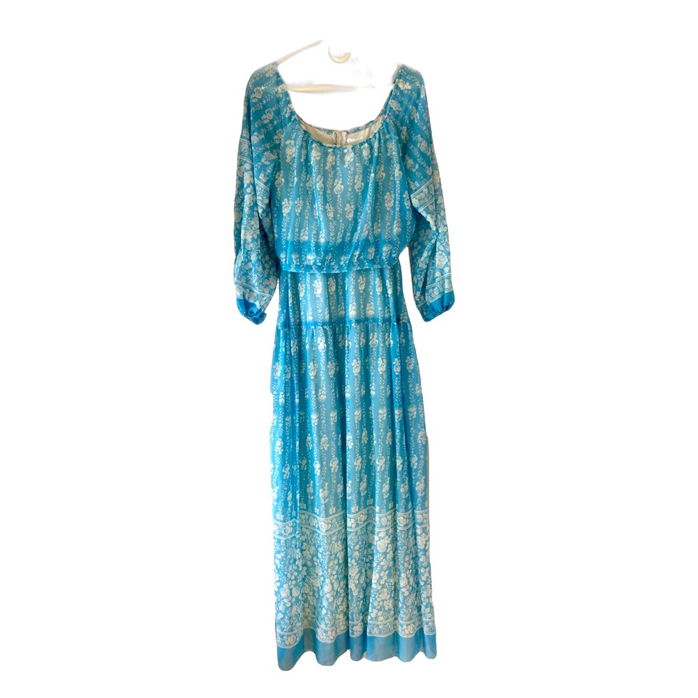 Amazing Vintage House of Bianchi Maxi Dress Boho Dainty Sheer Blue White 10
